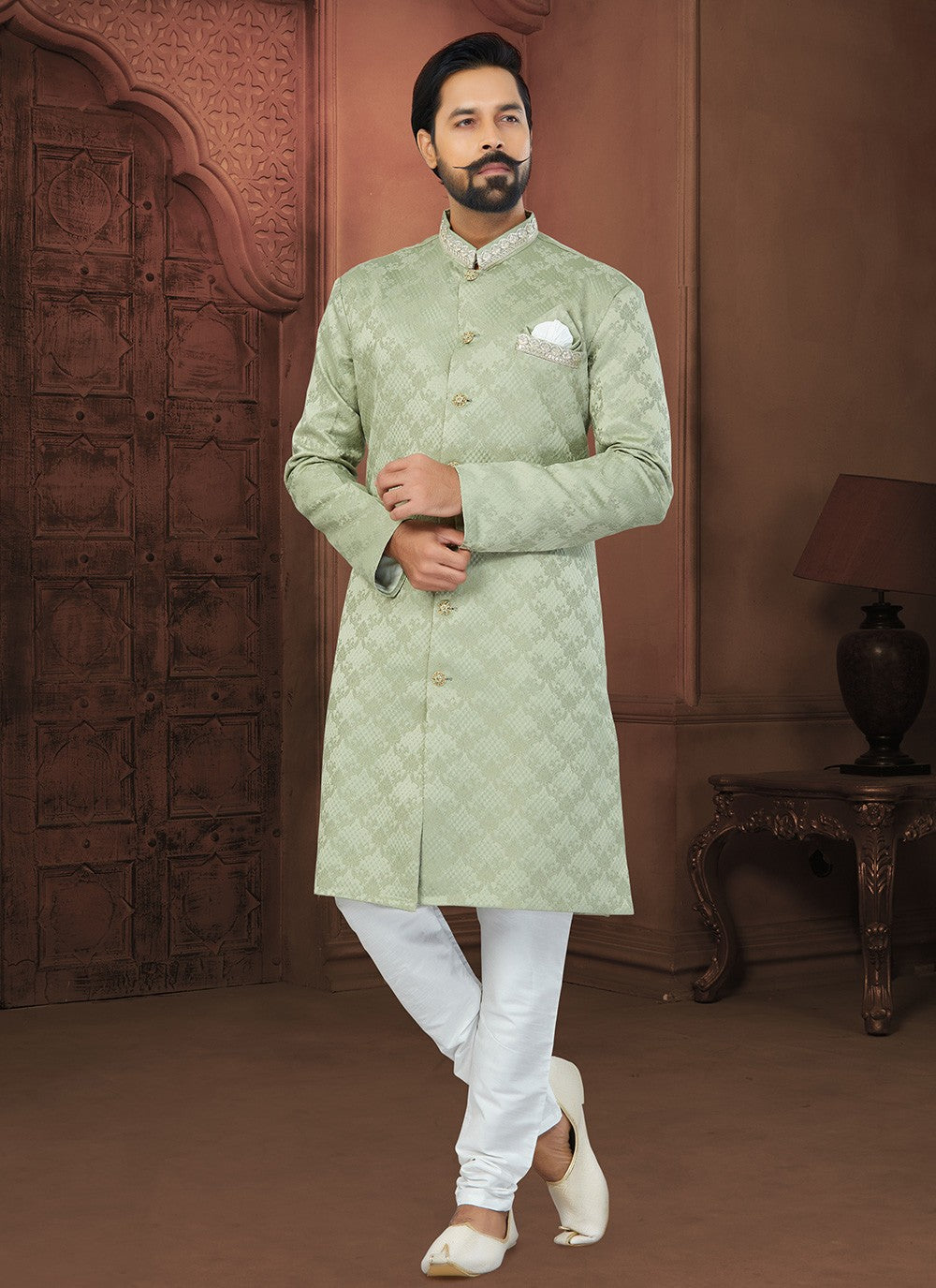 Fancy Work Jacquard Green Indo Western Sherwani - M5799