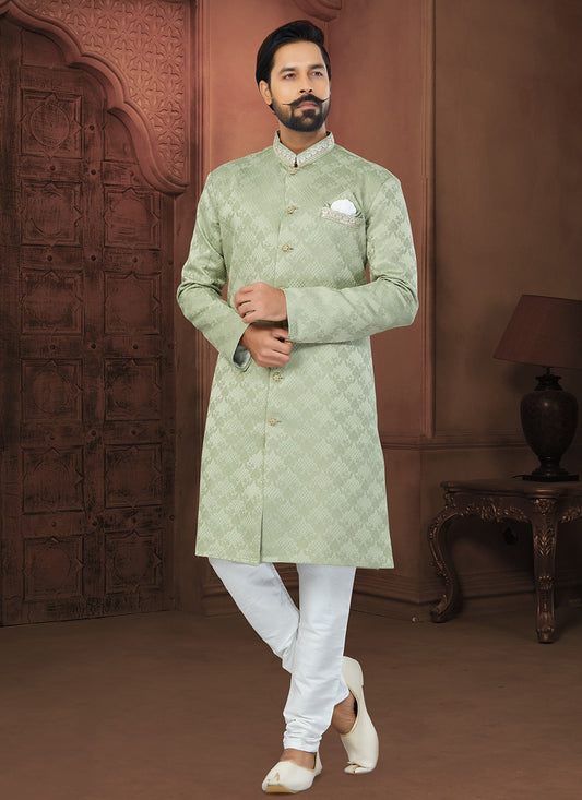 Fancy Work Jacquard Green Indo Western Sherwani - M5799