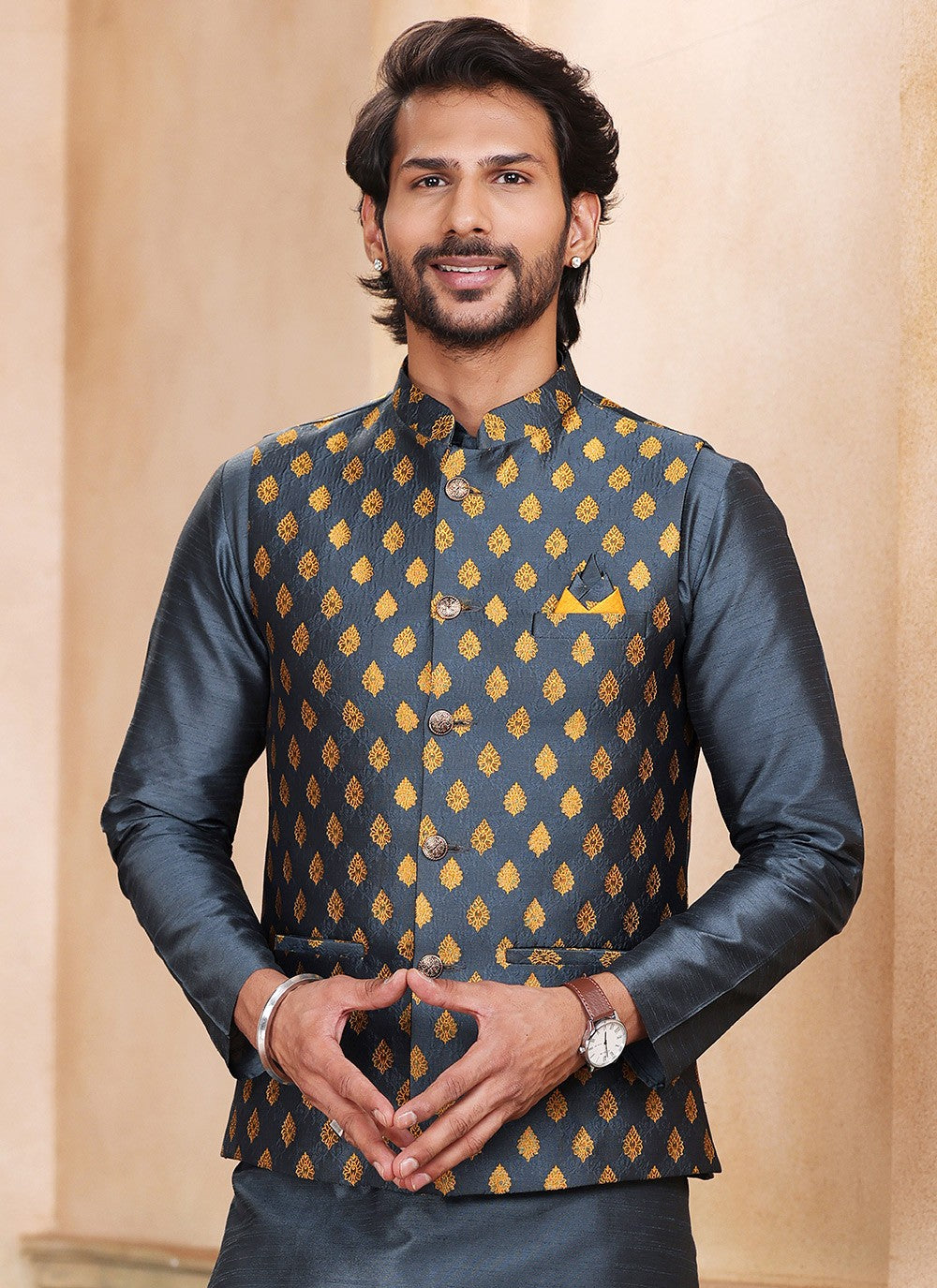 Fancy Work Banarasi Silk, Jacquard Grey Kurta Payjama With Jacket - M5372