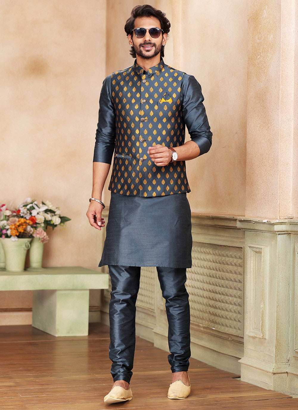 Fancy Work Banarasi Silk, Jacquard Grey Kurta Payjama With Jacket - M5372