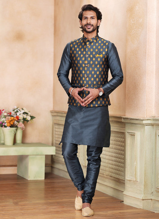 Fancy Work Banarasi Silk, Jacquard Grey Kurta Payjama With Jacket - M5372