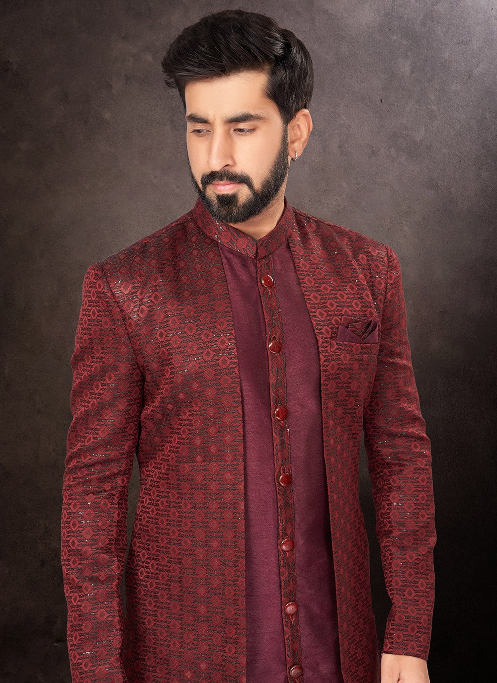 Fancy Work Jacquard Maroon Indo Western - M7241