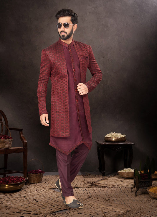 Fancy Work Jacquard Maroon Indo Western - M7241