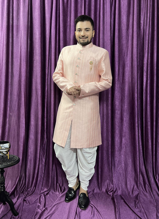 Fancy Work Jacquard Pink Indo Western - M5703