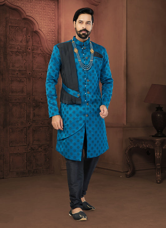 Fancy Work Jacquard Blue Indo Western Sherwani - M5811