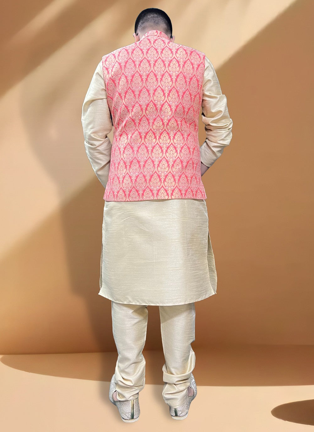 Fancy Work Jacquard, Silk Gold, Pink Kurta Payjama With Jacket - M5411
