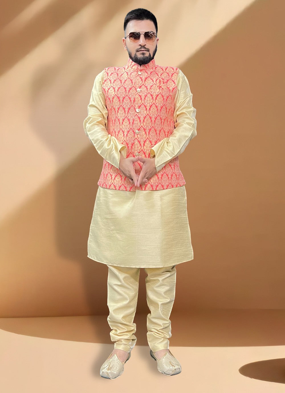 Fancy Work Jacquard, Silk Gold, Pink Kurta Payjama With Jacket - M5411