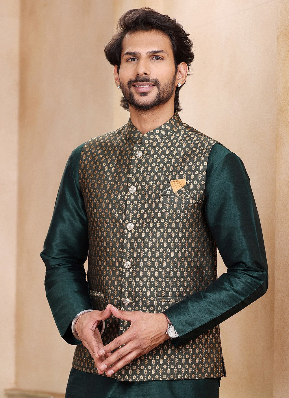 Fancy Work Banarasi Silk, Jacquard Green Kurta Payjama With Jacket - M5362