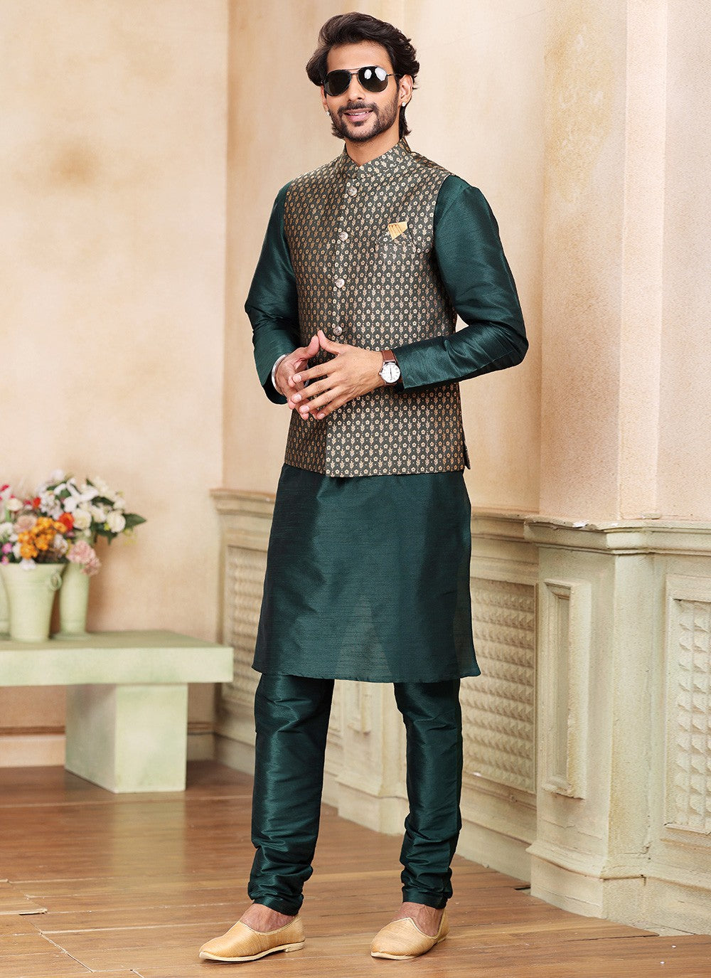 Fancy Work Banarasi Silk, Jacquard Green Kurta Payjama With Jacket - M5362
