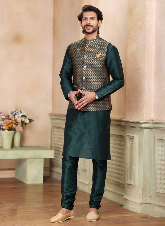 Fancy Work Banarasi Silk, Jacquard Green Kurta Payjama With Jacket - M5362