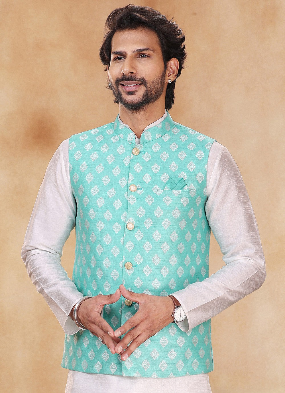 Fancy Work Banarasi Silk, Jacquard Green, Off White Kurta Payjama With Jacket - M5356