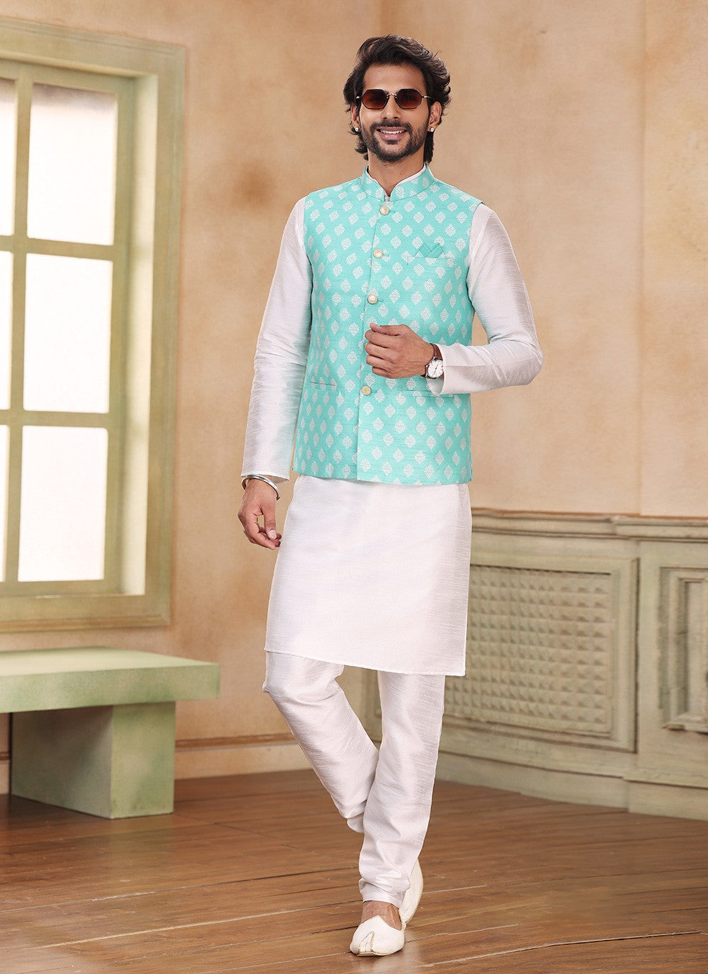 Fancy Work Banarasi Silk, Jacquard Green, Off White Kurta Payjama With Jacket - M5356