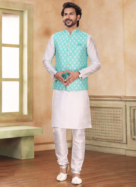 Fancy Work Banarasi Silk, Jacquard Green, Off White Kurta Payjama With Jacket - M5356