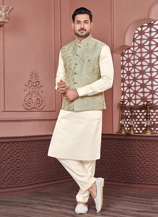 Fancy Work Jacquard Green, Off White Kurta Payjama With Jacket - M6318