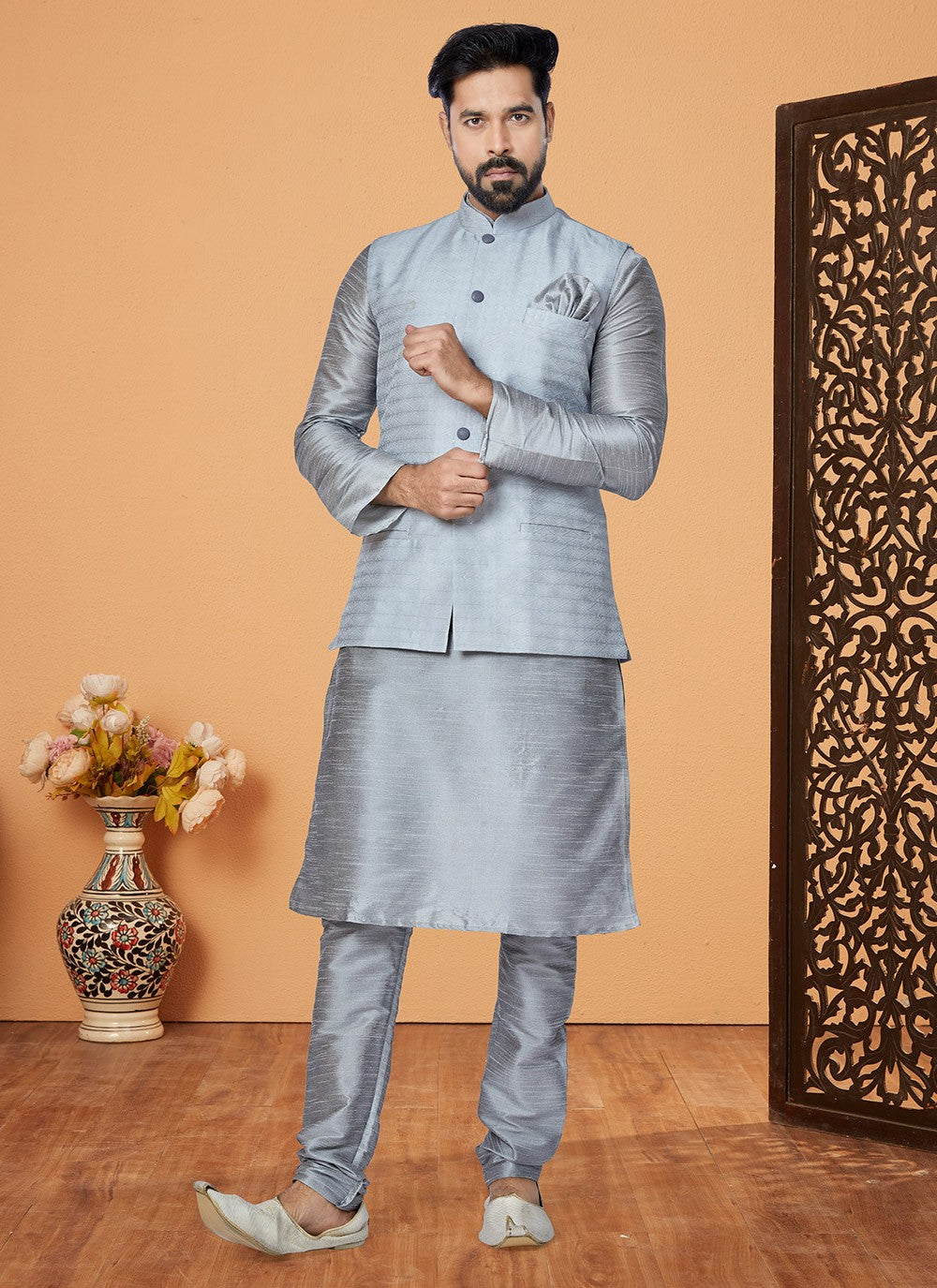 Fancy Work Jacquard Silver Kurta Payjama With Jacket - M5514