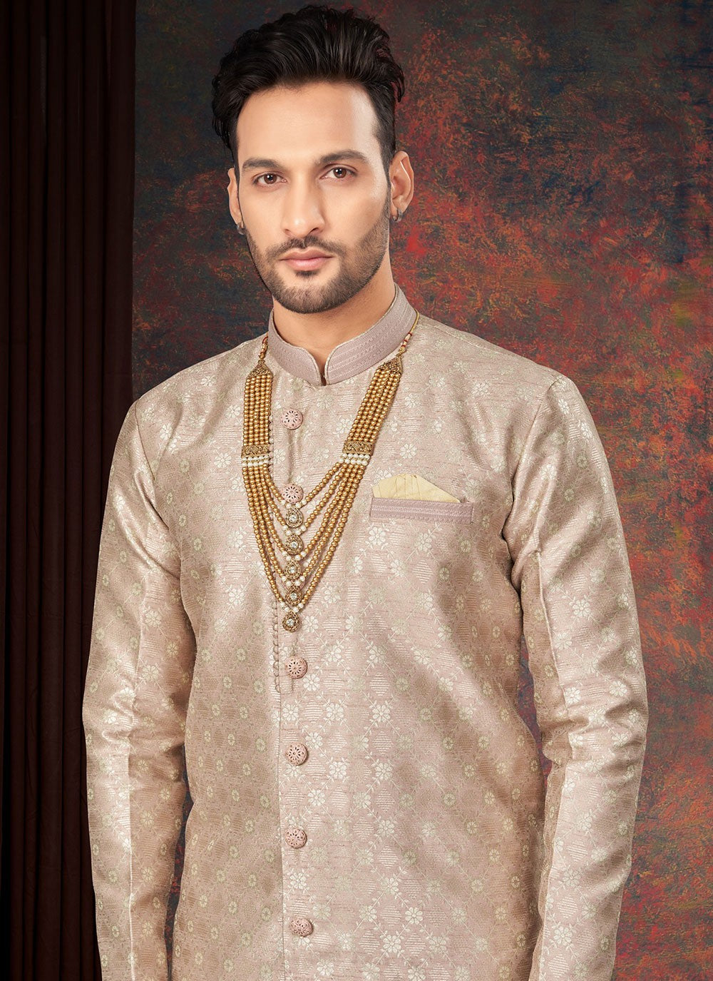 Fancy Work Jacquard Peach Indo Western - M7204