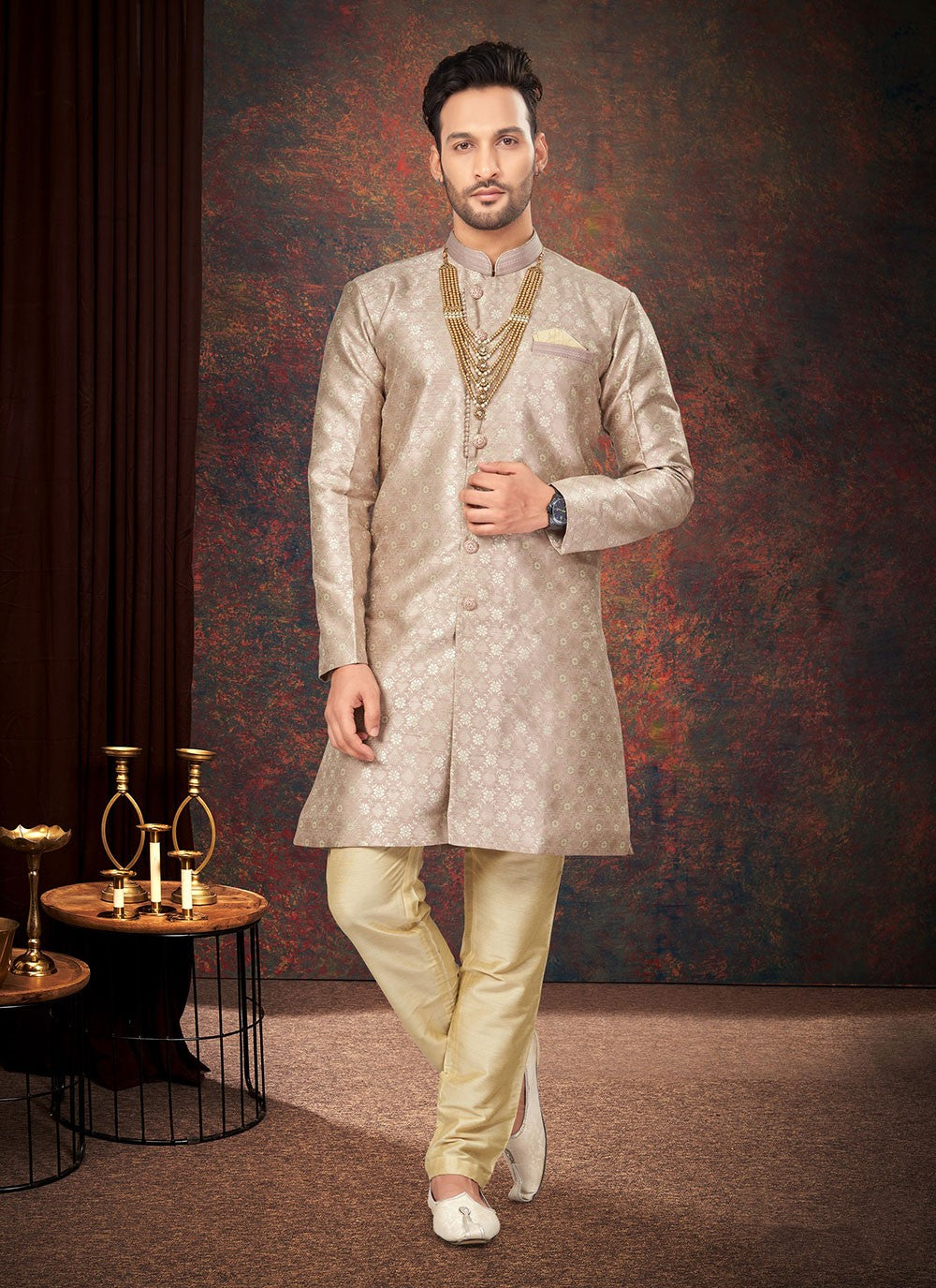 Fancy Work Jacquard Peach Indo Western - M7204