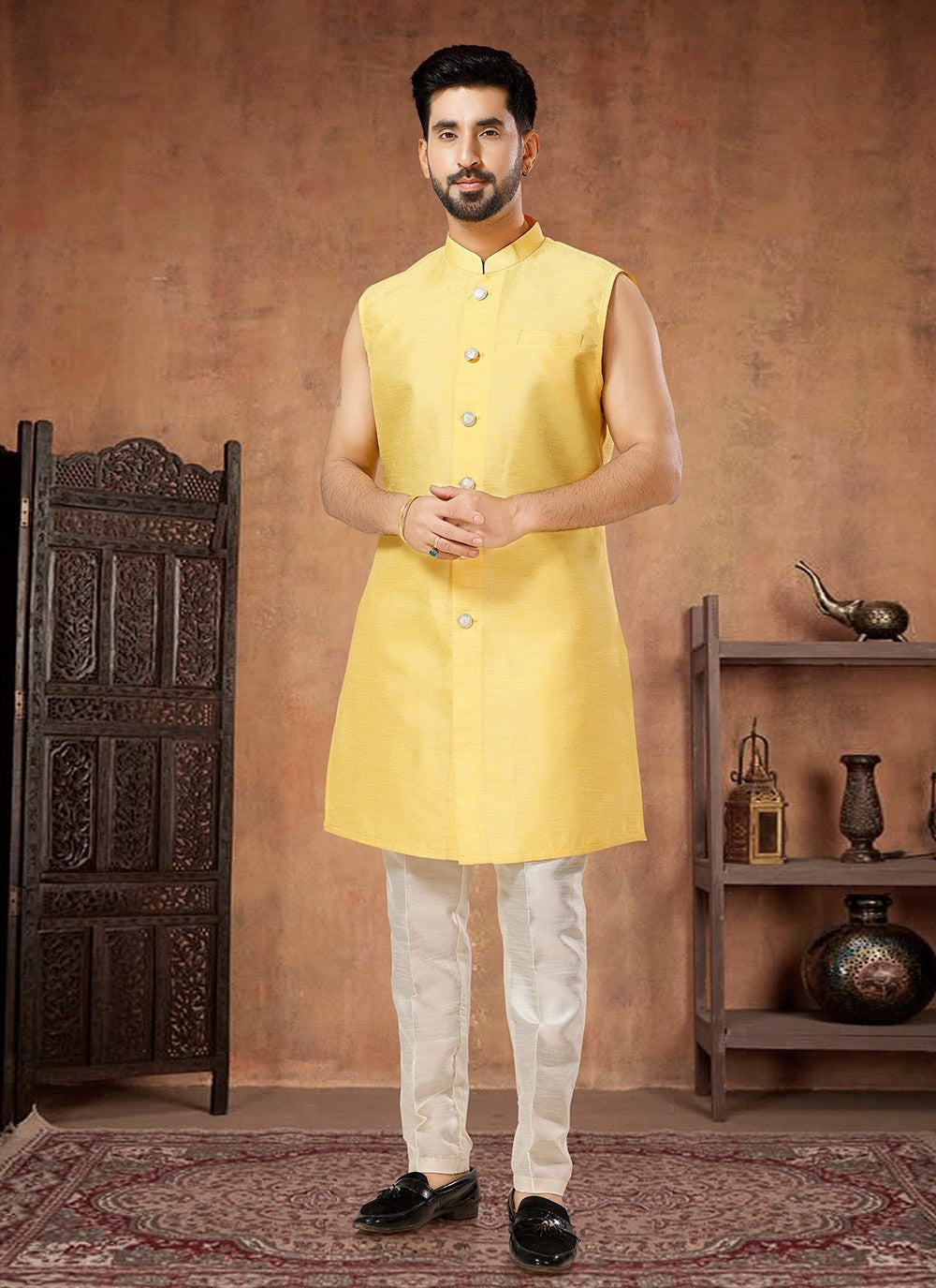 Embroidered Jacquard, Silk Yellow Indo Western - M7039