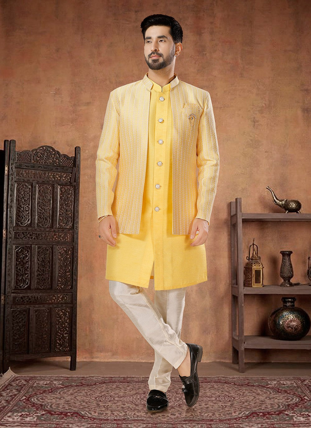 Embroidered Jacquard, Silk Yellow Indo Western - M7039