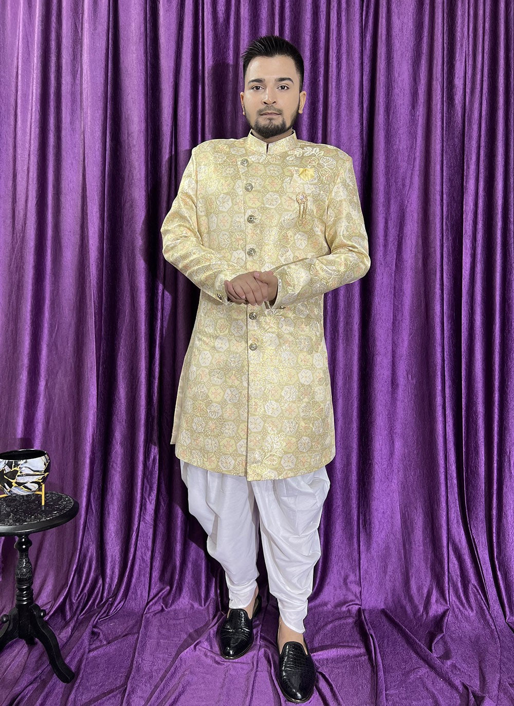 Fancy Work Jacquard Green Indo Western - M5686