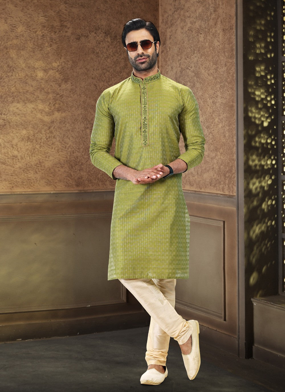 Fancy Work Art Silk, Jacquard Green Kurta Pyjama - M4872