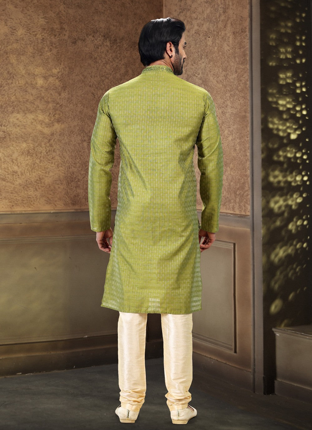 Fancy Work Art Silk, Jacquard Green Kurta Pyjama - M4872