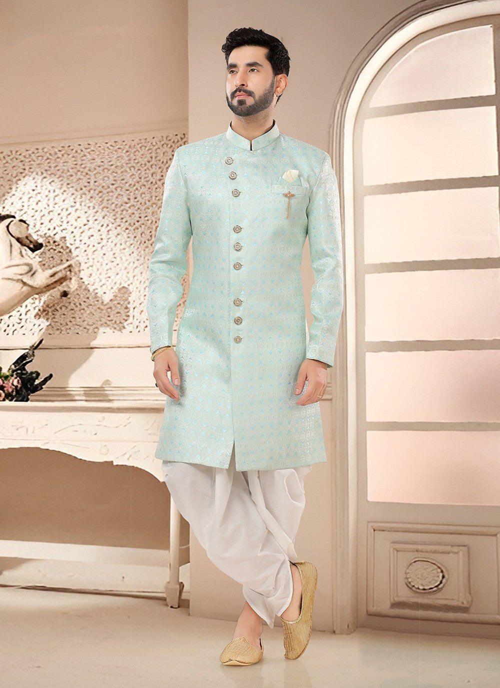 Woven Jacquard Green Sherwani - M7574