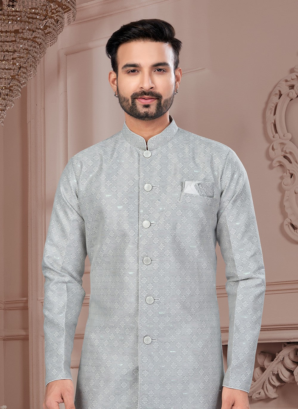 Buttons Jacquard Green Indo Western Sherwani - M8623