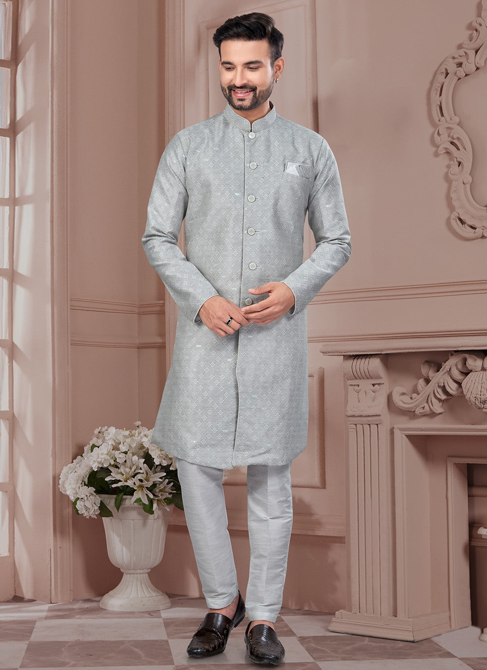 Buttons Jacquard Green Indo Western Sherwani - M8623