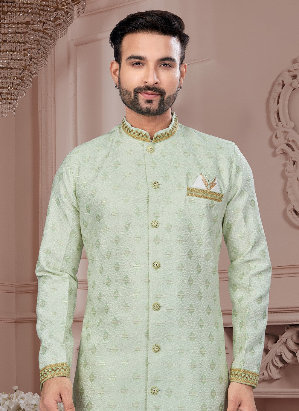 Buttons Jacquard Green Indo Western Sherwani - M8624