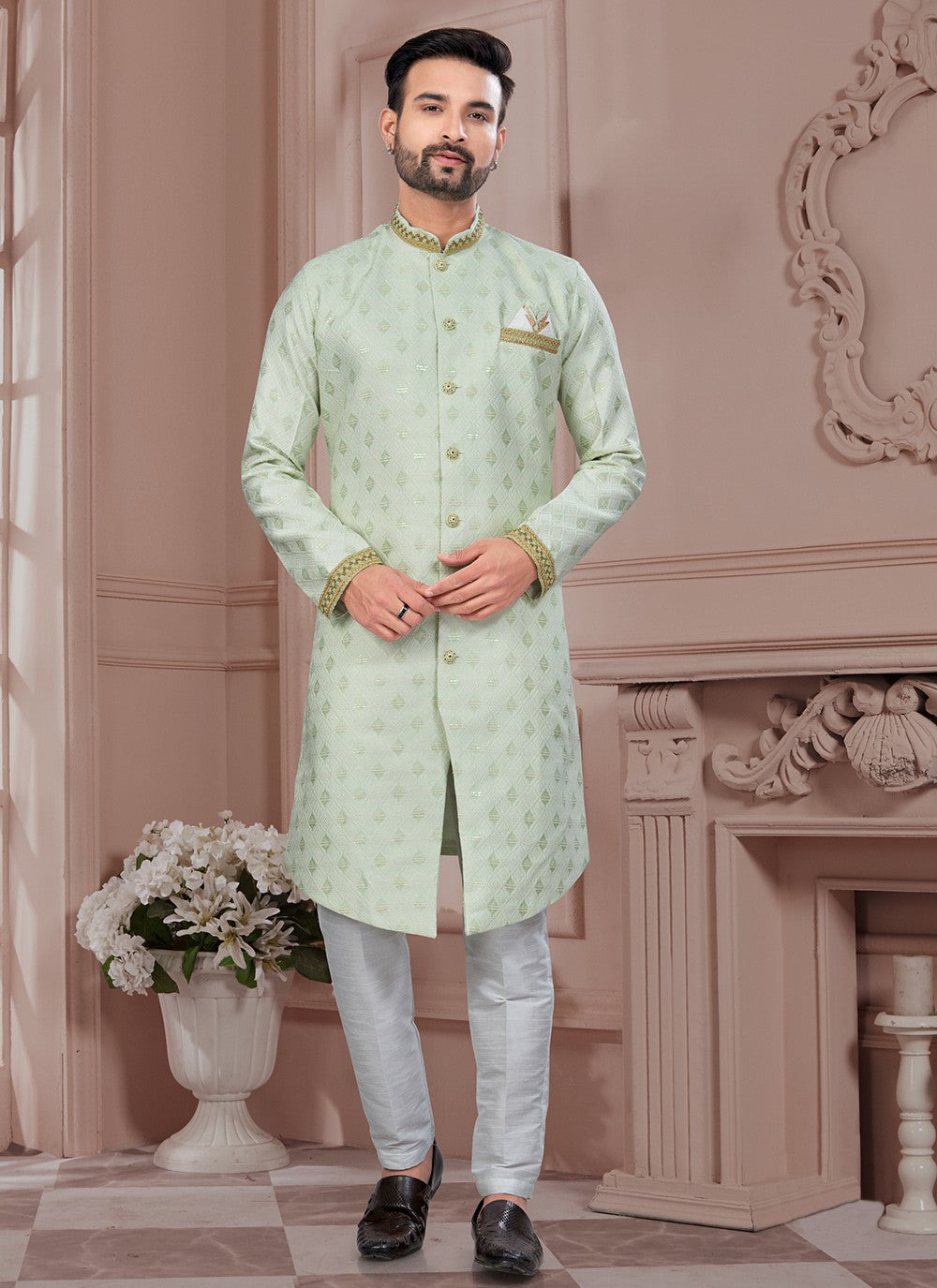 Buttons Jacquard Green Indo Western Sherwani - M8624
