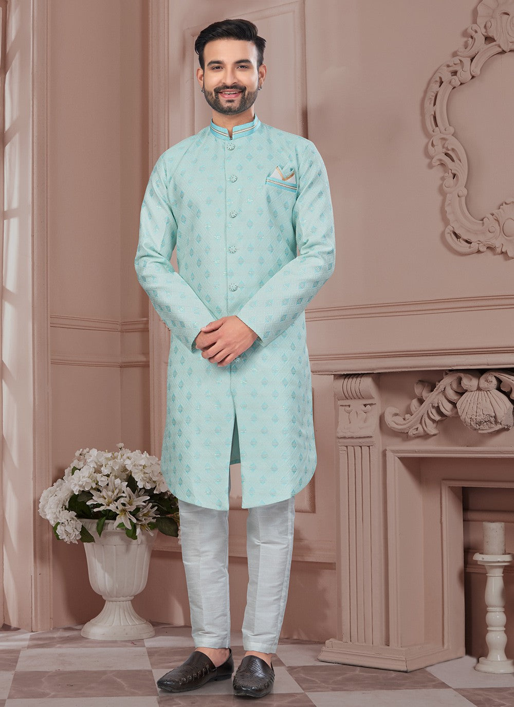 Sequins Jacquard Aqua Blue Indo Western - M8650