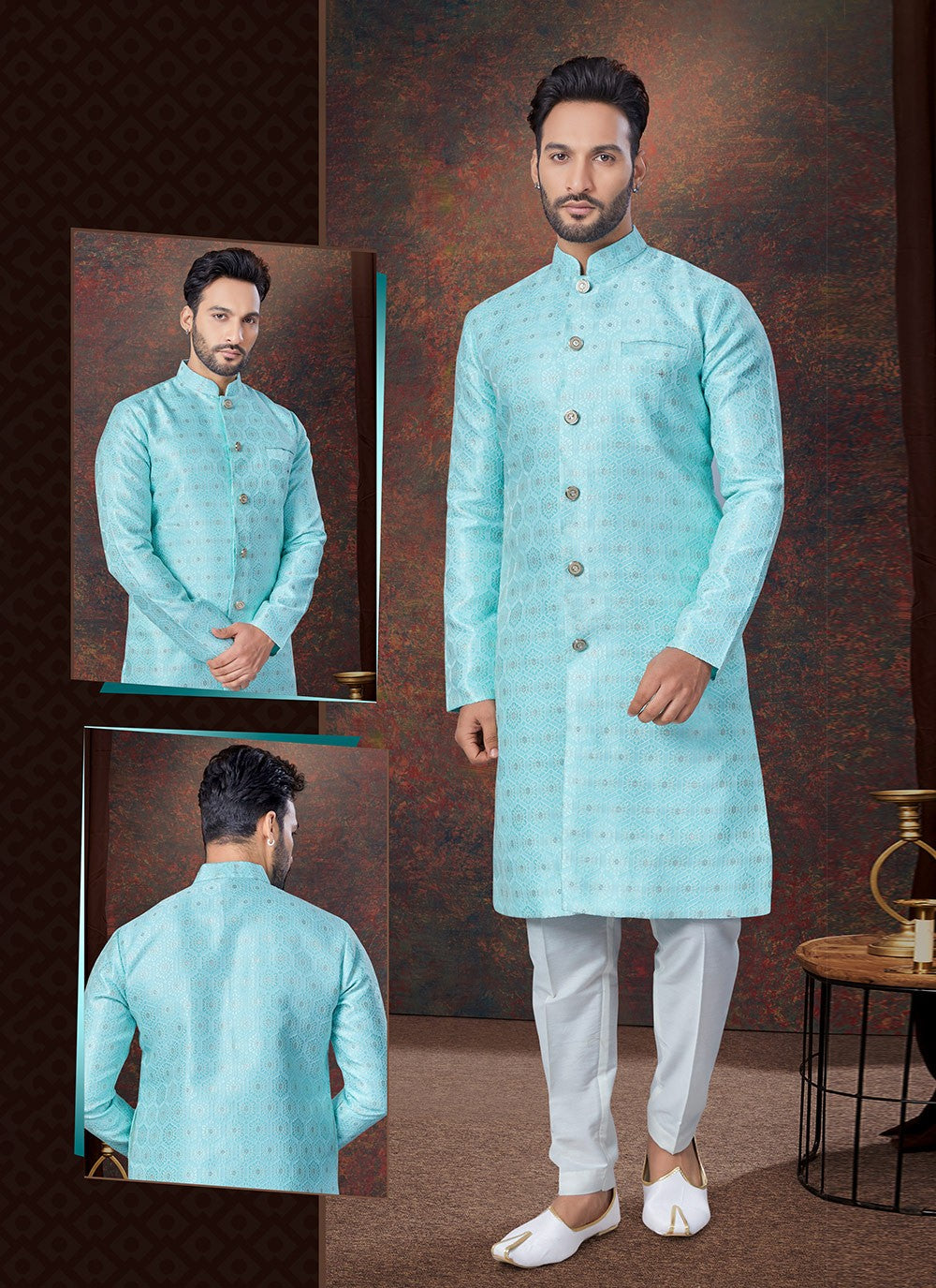 Plain Jacquard Firozi Indo Western - M7678