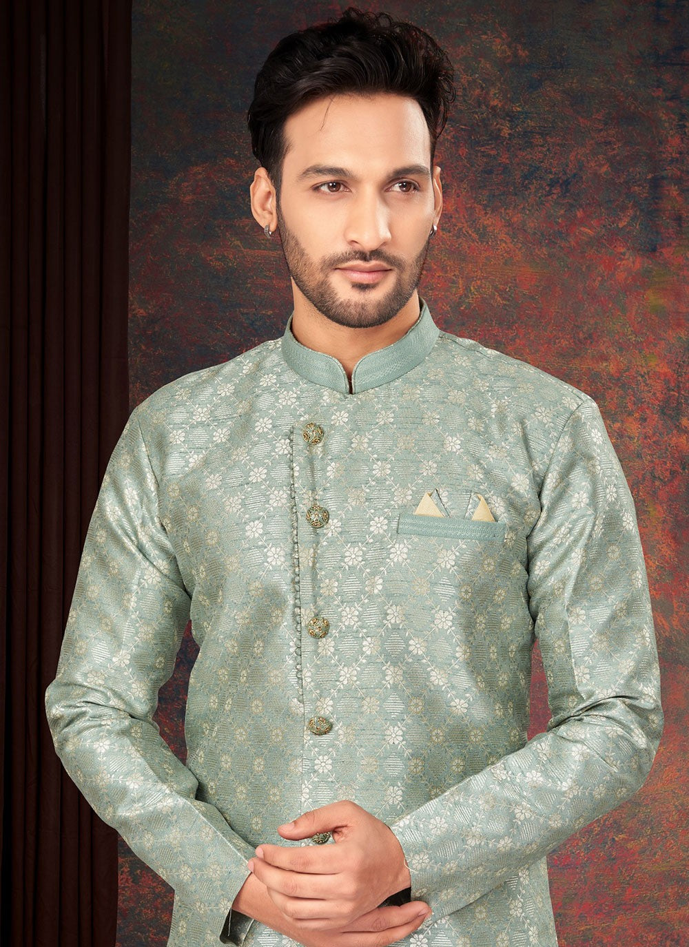 Fancy Work Jacquard Green Indo Western - M7198