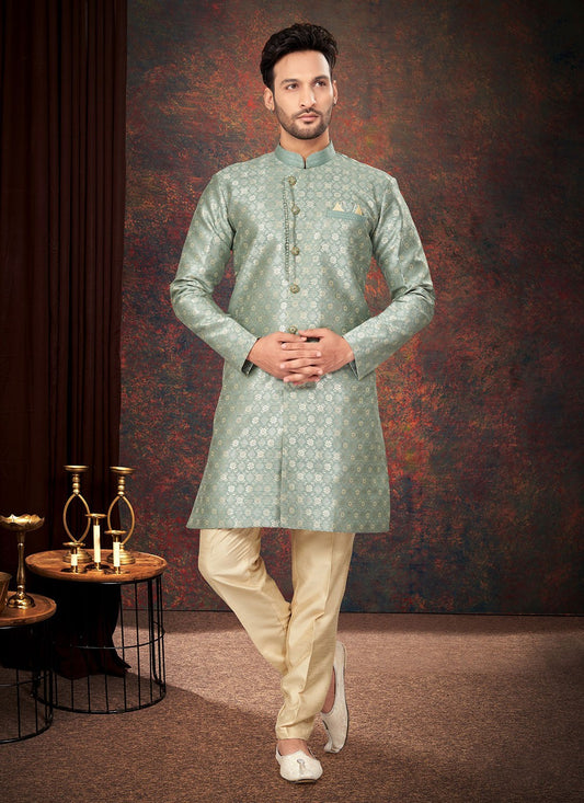 Fancy Work Jacquard Green Indo Western - M7198