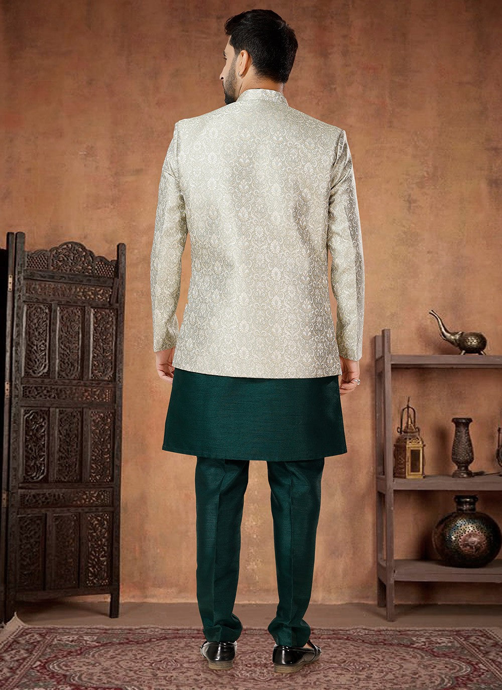 Embroidered Jacquard, Silk Green, Silver Indo Western - M7038