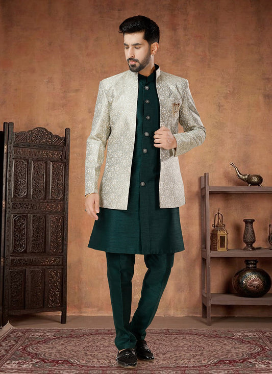 Embroidered Jacquard, Silk Green, Silver Indo Western - M7038