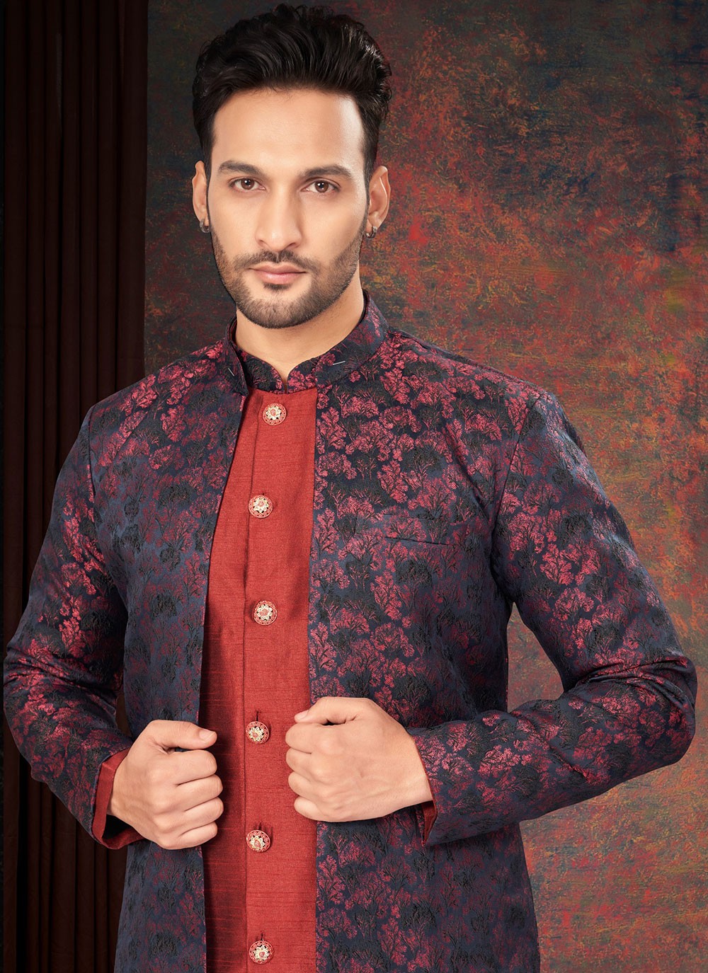 Fancy Work Jacquard Maroon, Navy Blue Indo Western - M7213