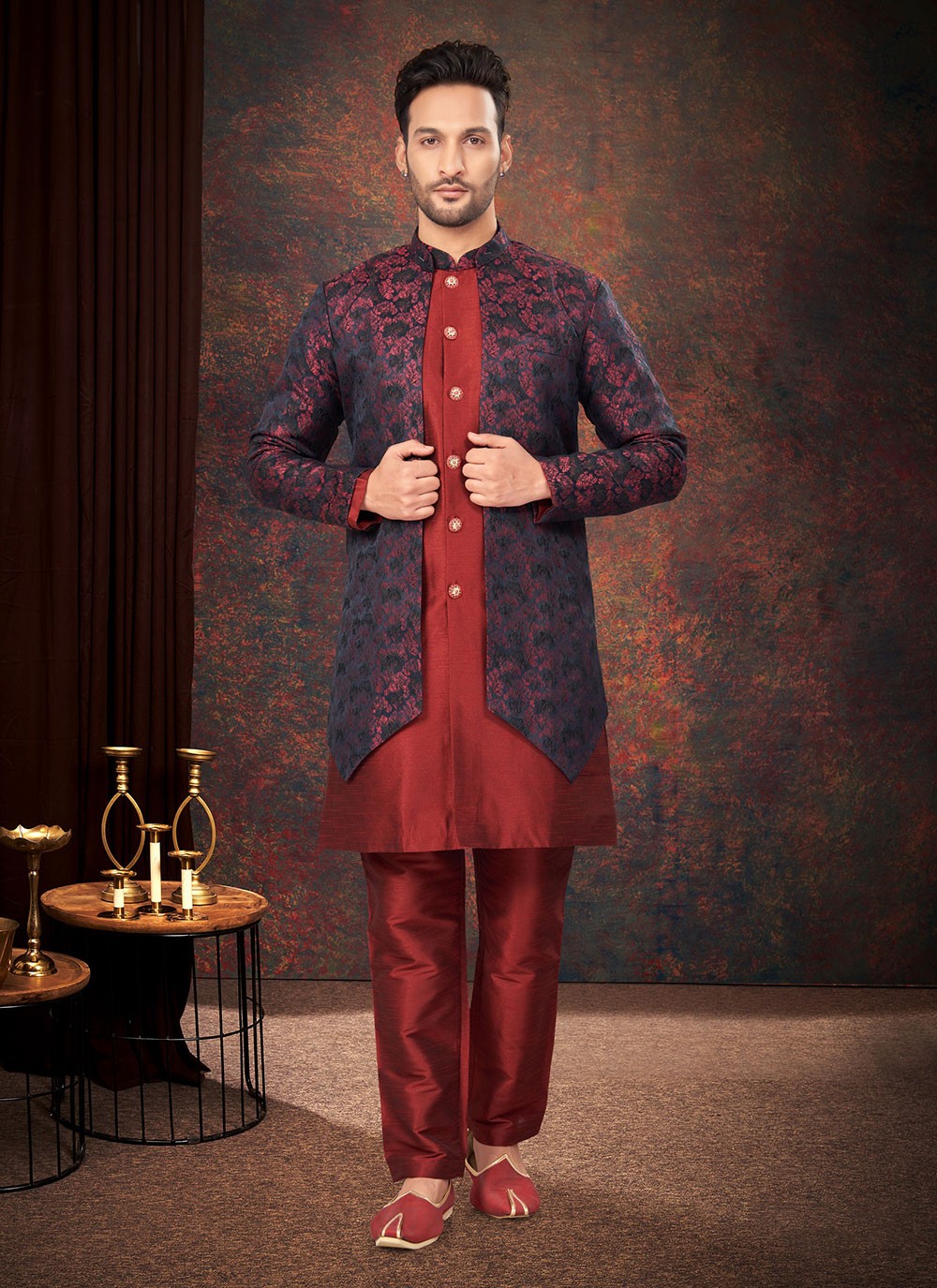 Fancy Work Jacquard Maroon, Navy Blue Indo Western - M7213