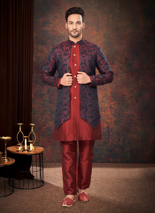 Fancy Work Jacquard Maroon, Navy Blue Indo Western - M7213