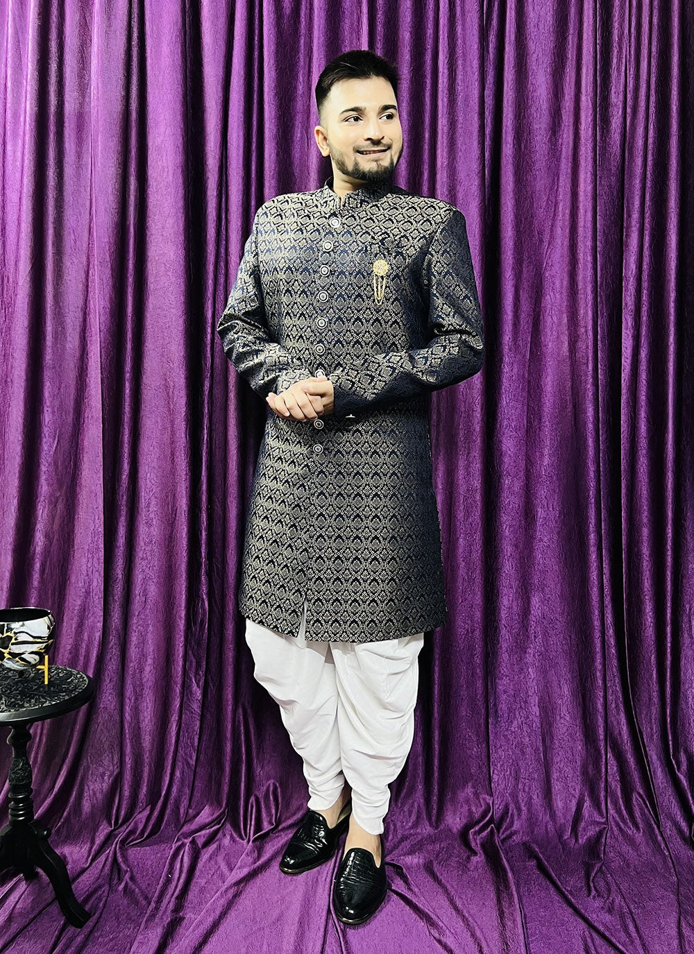 Fancy Work Jacquard Navy Blue Indo Western - M5699