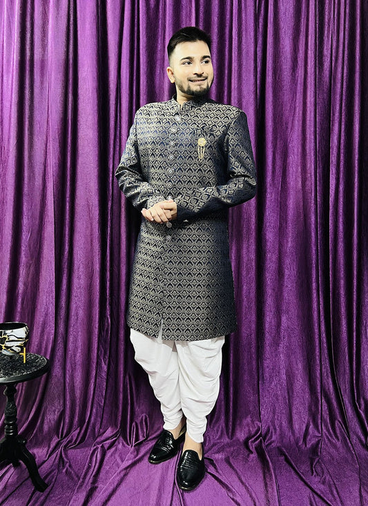 Fancy Work Jacquard Navy Blue Indo Western - M5699