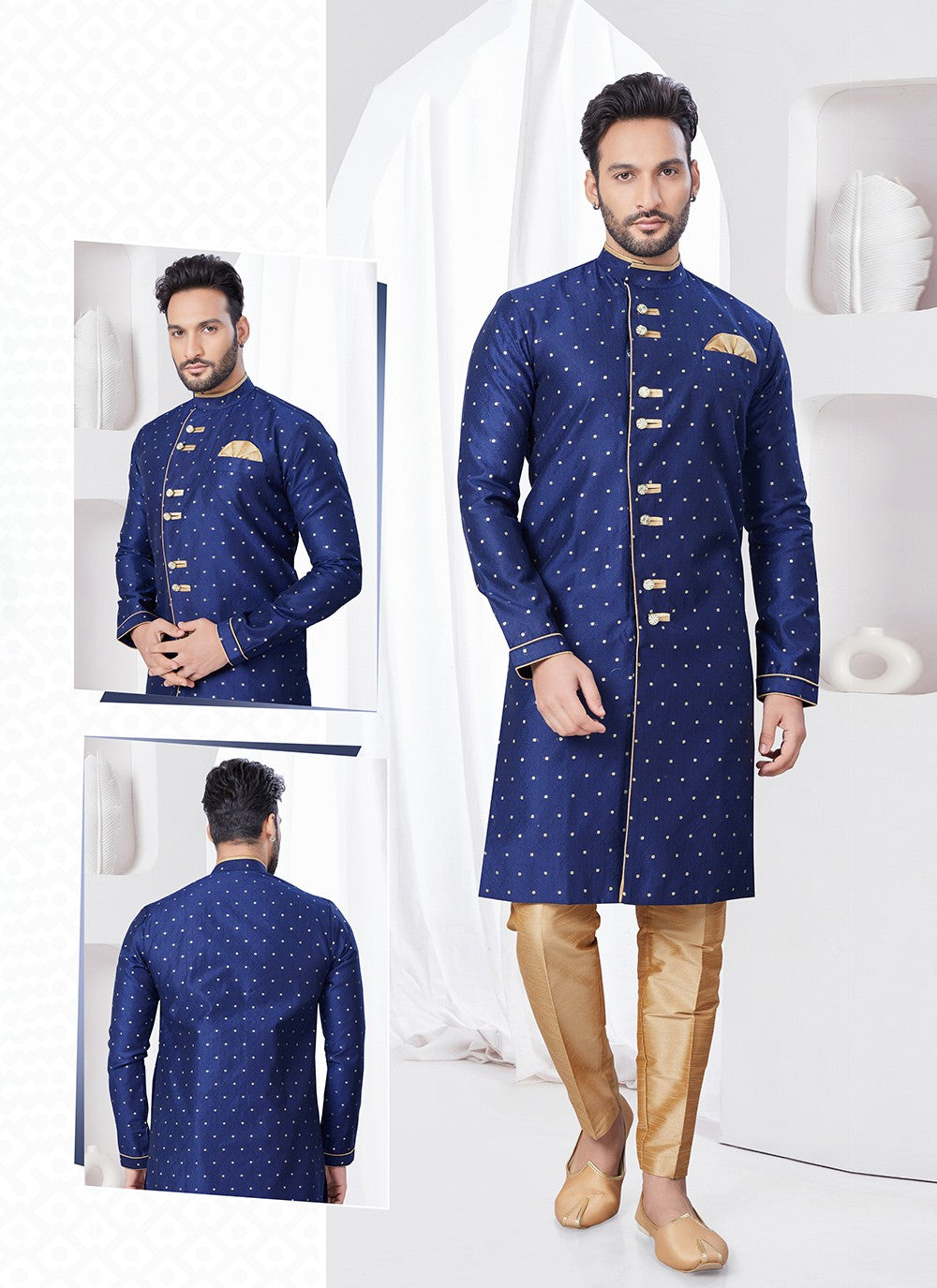 Plain Jacquard Navy Blue Indo Western - M7699
