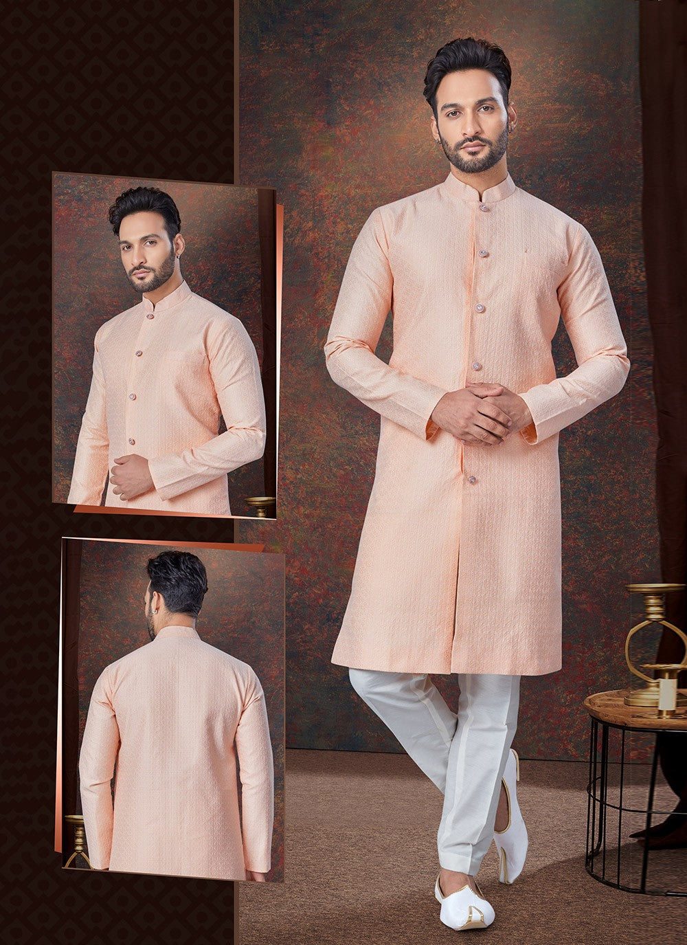 Plain Jacquard Peach Indo Western - M7676