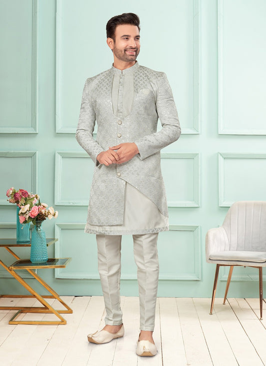 Fancy Work Jacquard Silver Indo Western - M7264