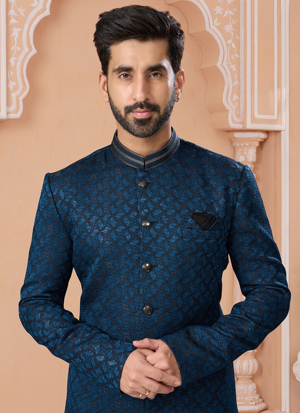 Fancy Work Jacquard Blue Indo Western Sherwani - M7158