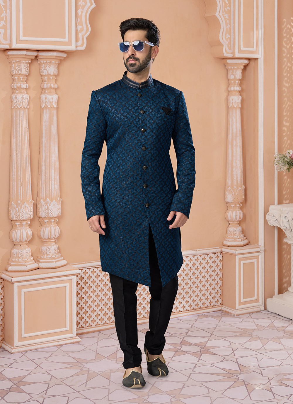 Fancy Work Jacquard Blue Indo Western Sherwani - M7158