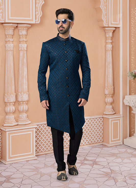 Fancy Work Jacquard Blue Indo Western Sherwani - M7158