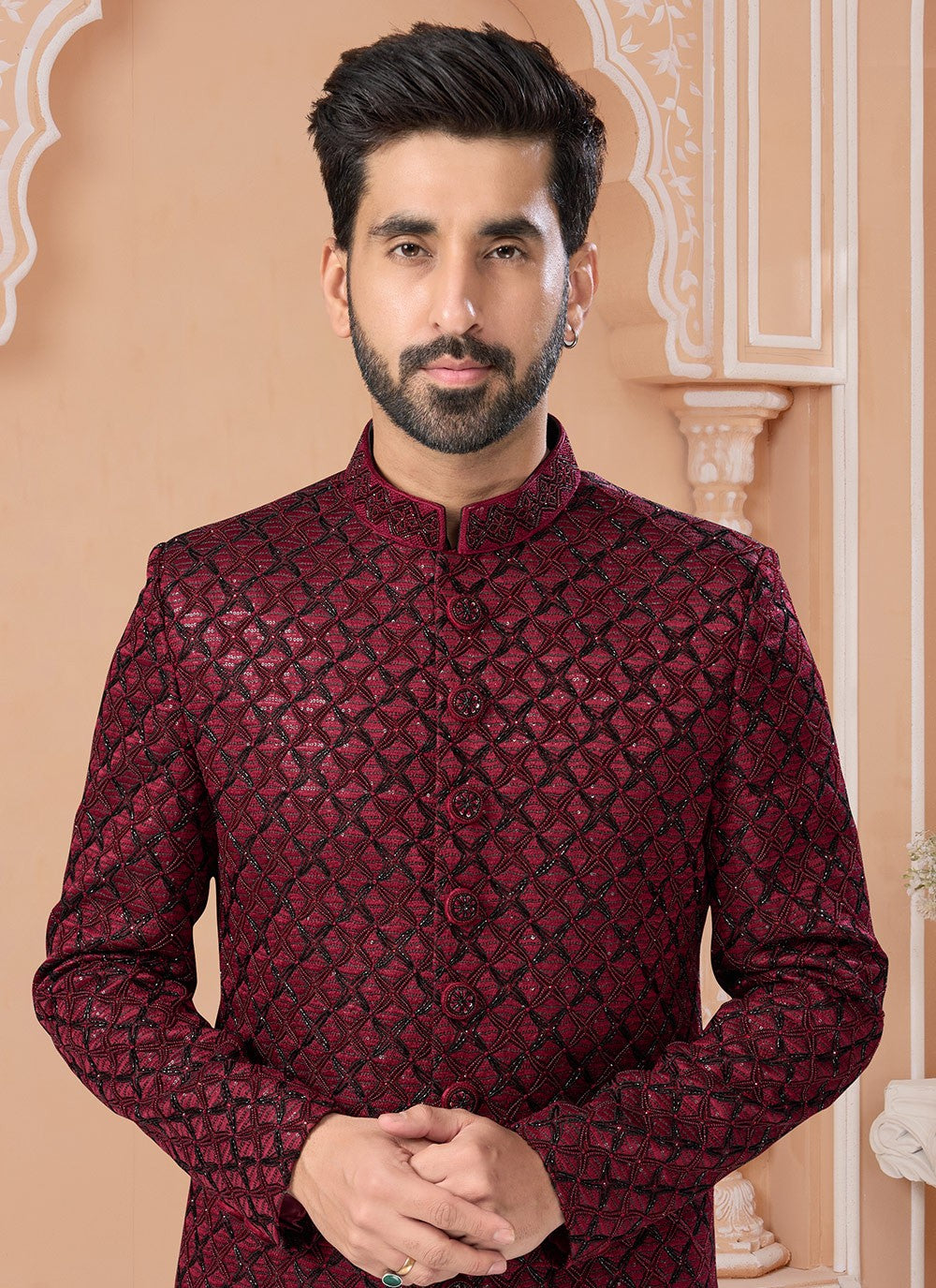 Fancy Work Jacquard Maroon Indo Western Sherwani - M7142