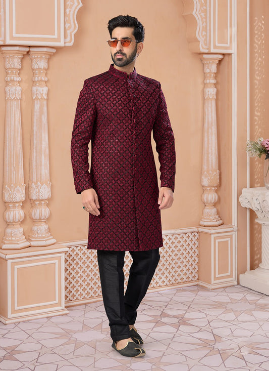 Fancy Work Jacquard Maroon Indo Western Sherwani - M7142